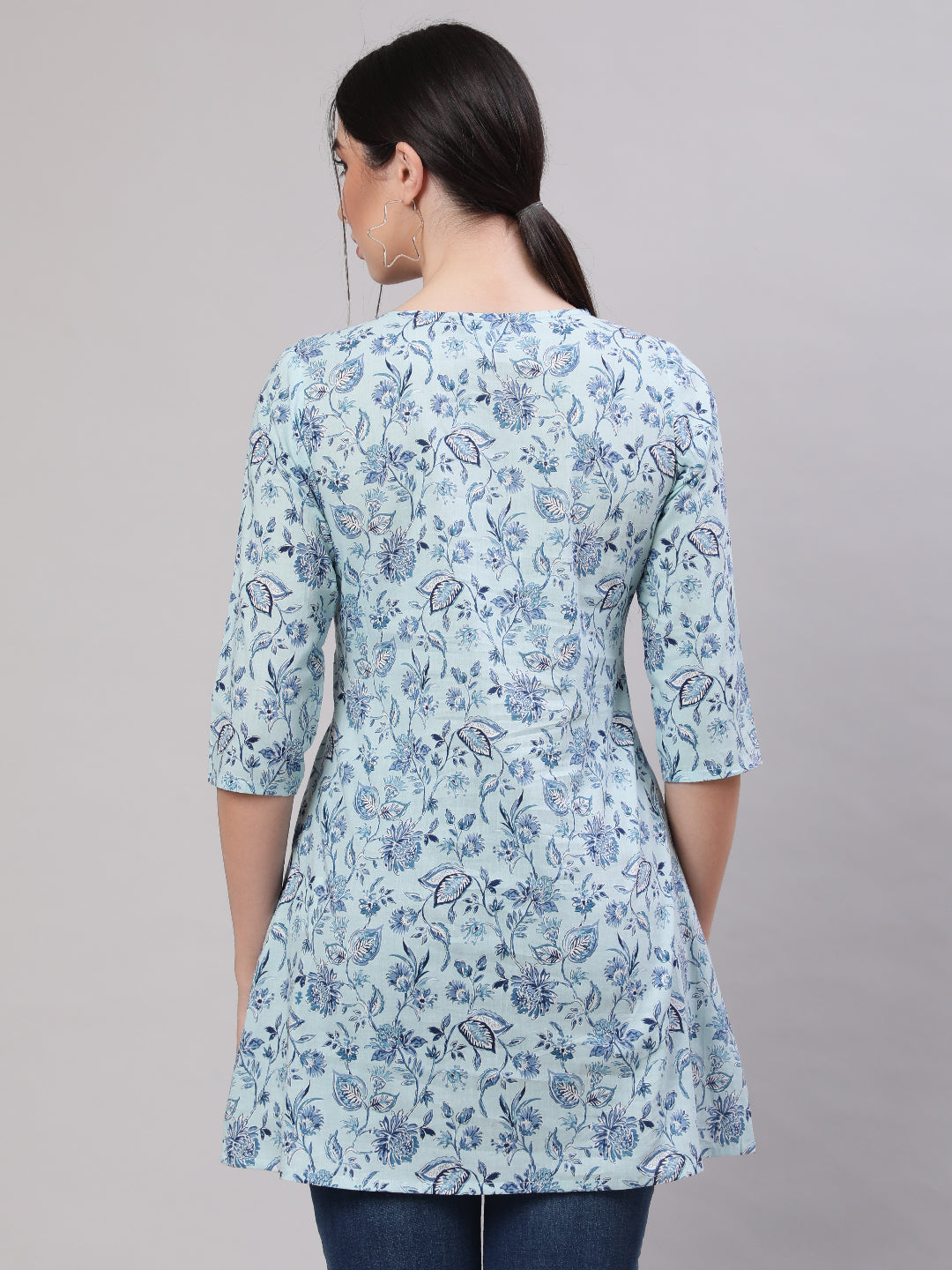 Women's Blue Straight Tunic With Three Quaretr Sleeves