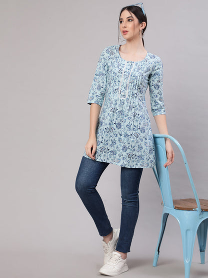 Women's Blue Straight Tunic With Three Quaretr Sleeves