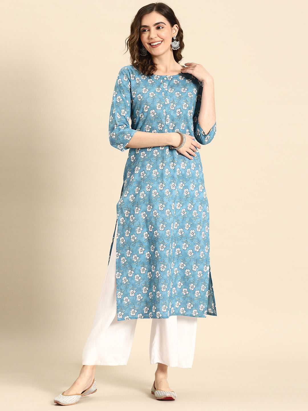 Women's Blue Ethnic Printed Straight Kurta with Three Quarter Sleeves