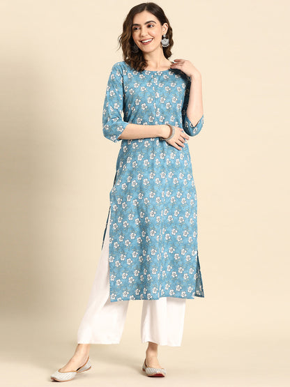 Women's Blue Ethnic Printed Straight Kurta with Three Quarter Sleeves