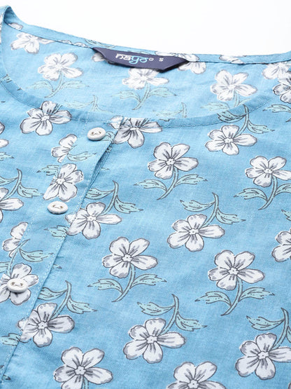 Women's Blue Ethnic Printed Straight Kurta with Three Quarter Sleeves