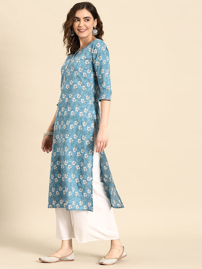 Women's Blue Ethnic Printed Straight Kurta with Three Quarter Sleeves