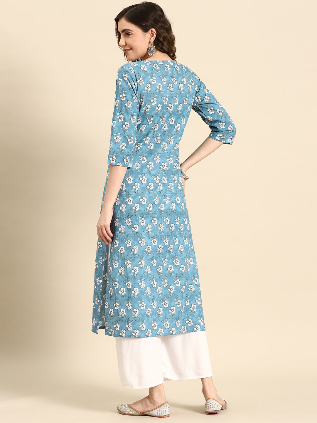 Women's Blue Ethnic Printed Straight Kurta with Three Quarter Sleeves