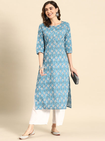 Women's Blue Ethnic Printed Straight Kurta with Three Quarter Sleeves