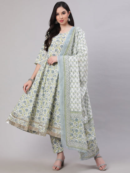 Women's Off-White Floral Printed Flared Kurta With Trouser And Dupatta