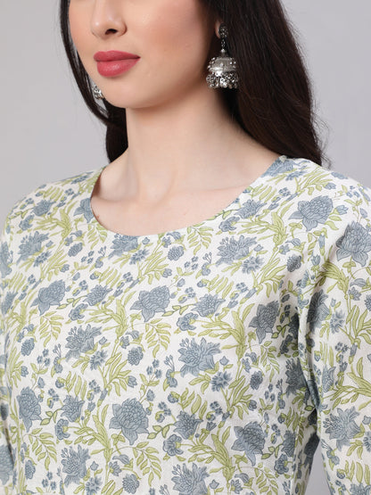 Women's Off-White Floral Printed Flared Kurta With Trouser And Dupatta