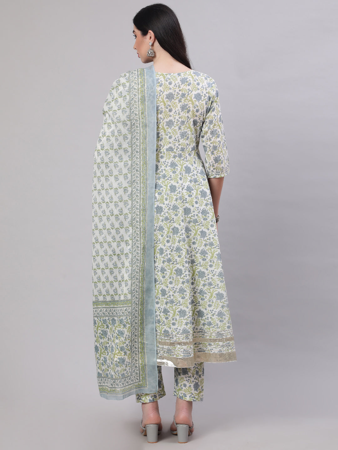 Women's Off-White Floral Printed Flared Kurta With Trouser And Dupatta