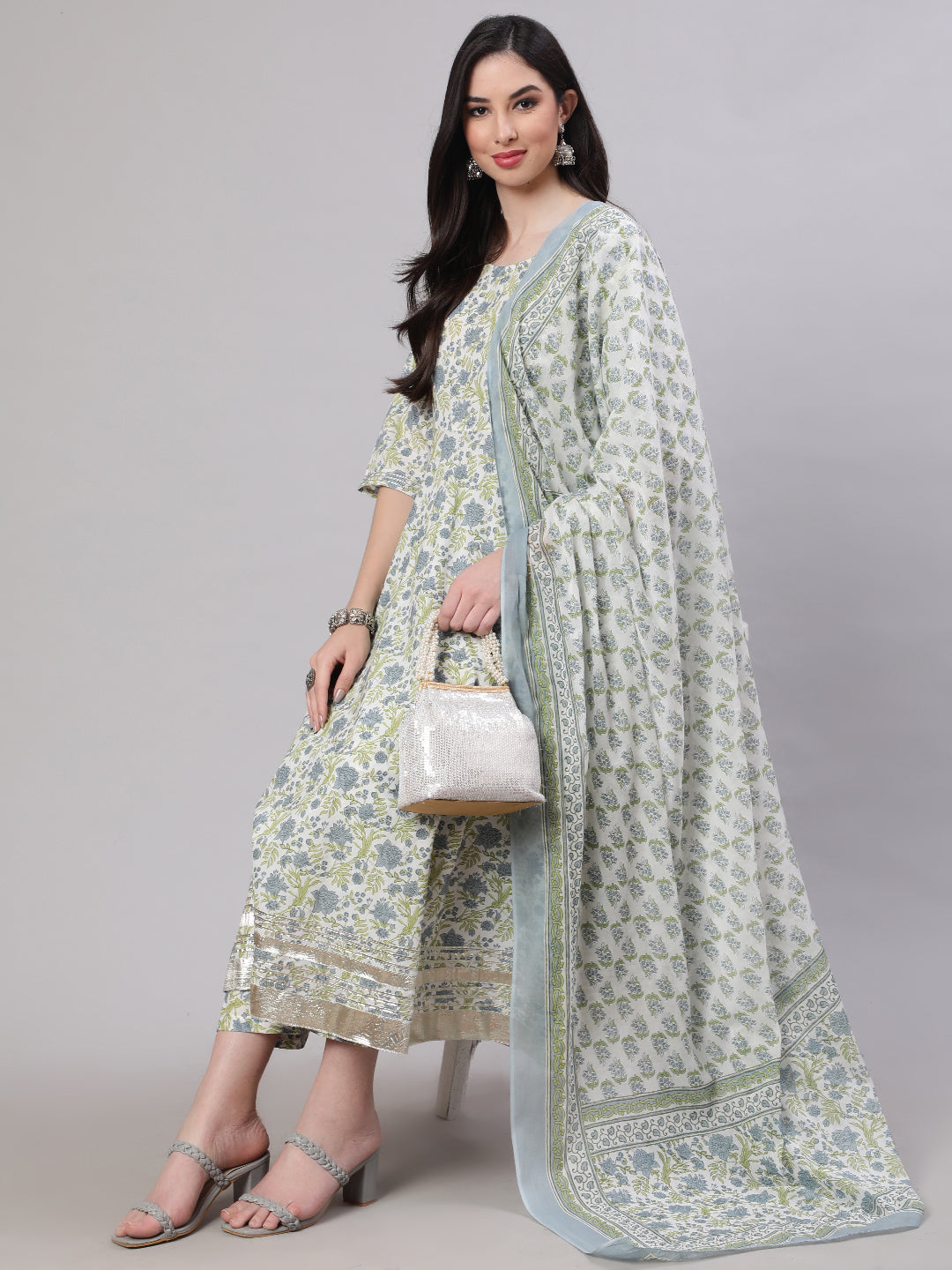 Women's Off-White Floral Printed Flared Kurta With Trouser And Dupatta