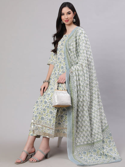 Women's Off-White Floral Printed Flared Kurta With Trouser And Dupatta