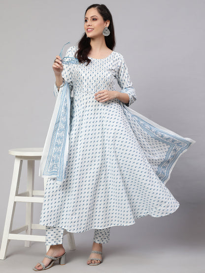 Women's Off-White Ethnic Printed Kurta With Trouser And Dupatta