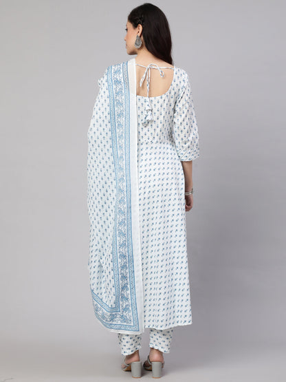 Women's Off-White Ethnic Printed Kurta With Trouser And Dupatta