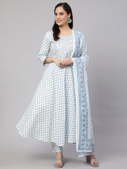 Women's Off-White Ethnic Printed Kurta With Trouser And Dupatta