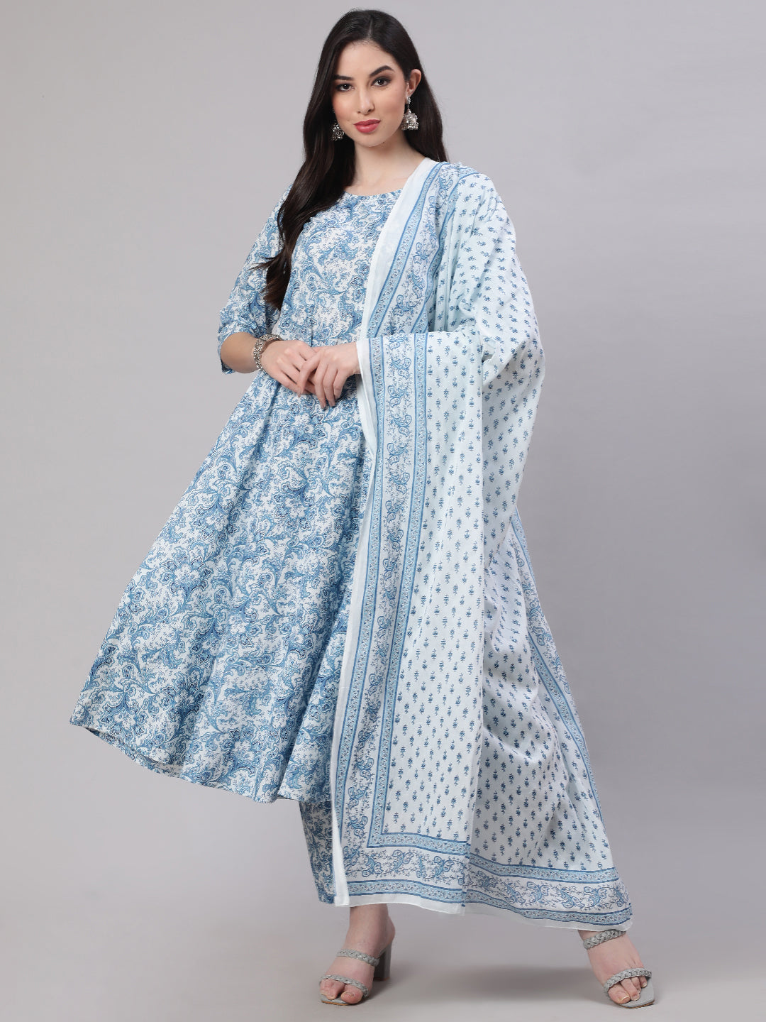 Women's Blue Floral Printed Anarkali Kurta With Trouser And Dupatta