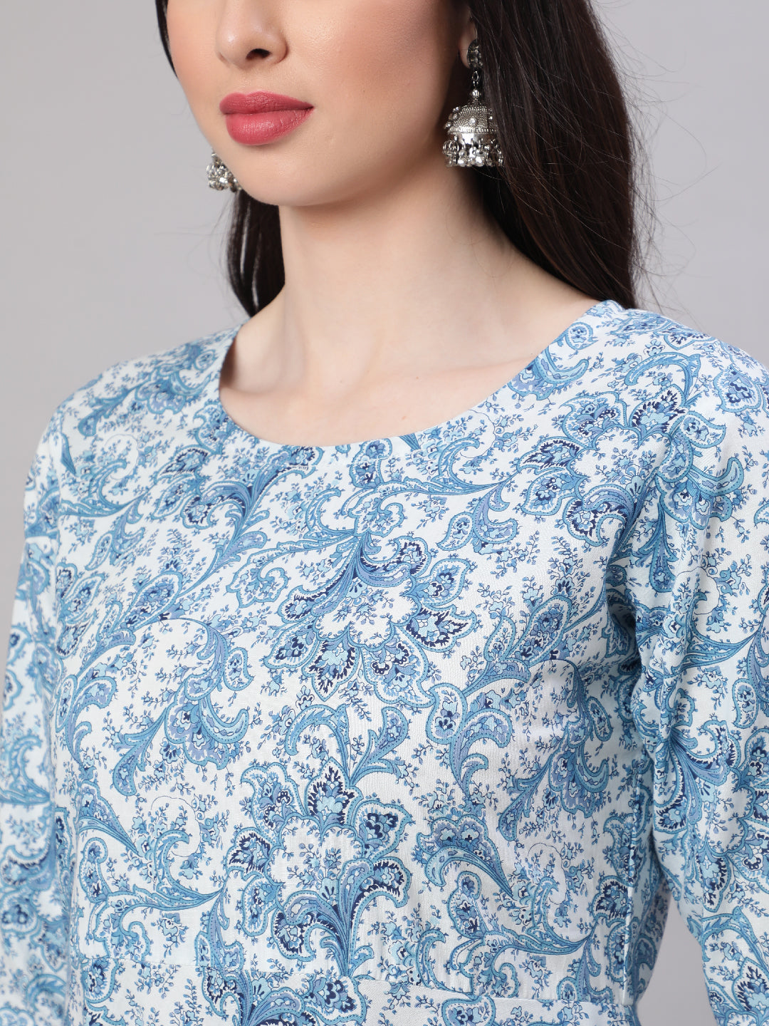 Women's Blue Floral Printed Anarkali Kurta With Trouser And Dupatta