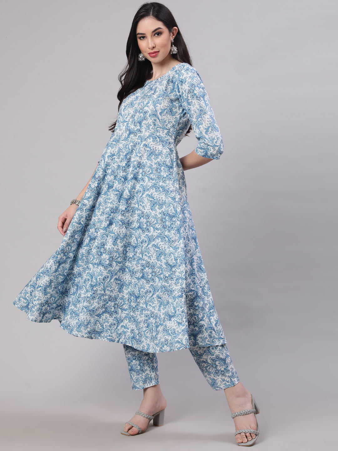 Women's Blue Floral Printed Anarkali Kurta With Trouser And Dupatta