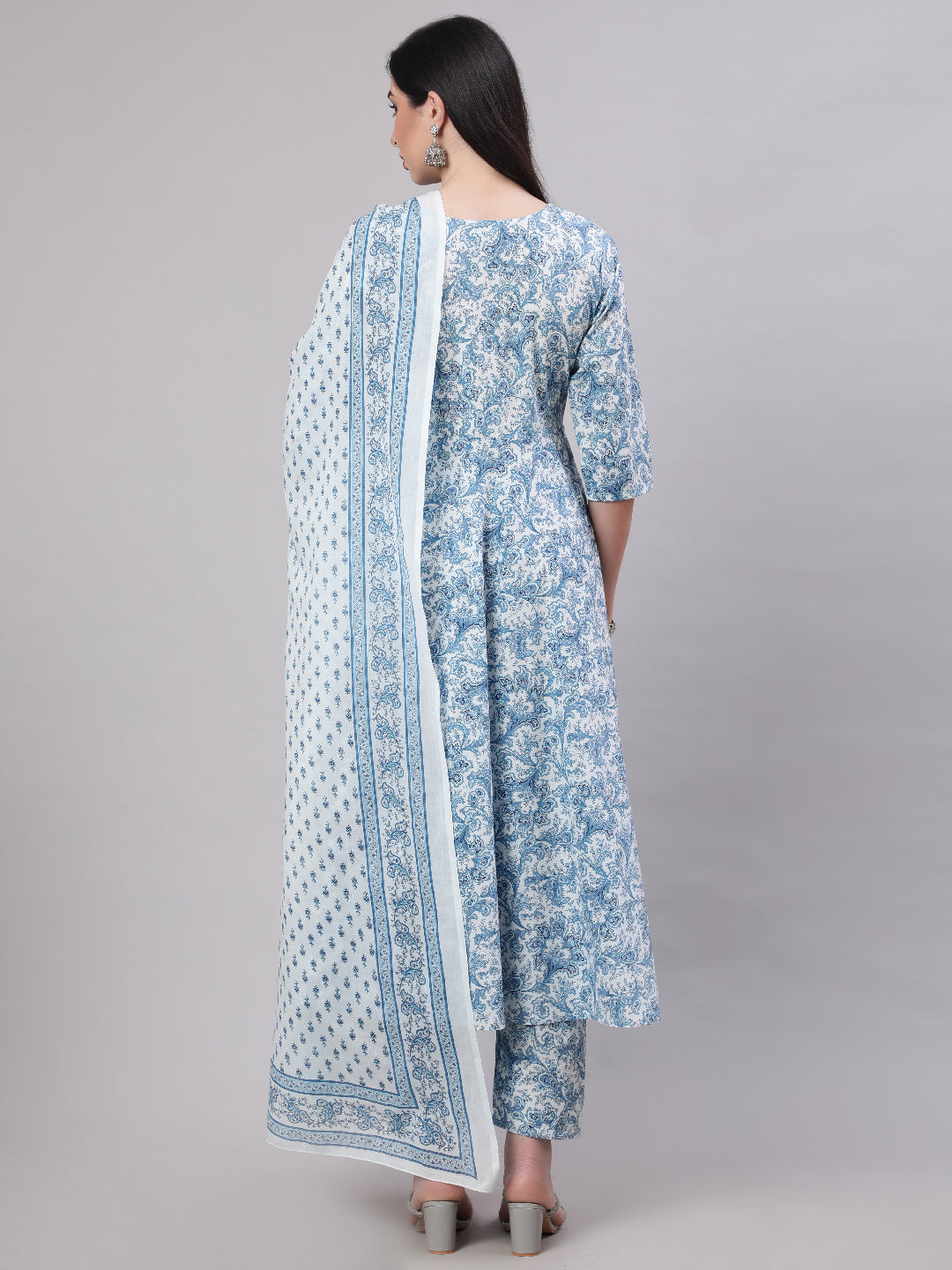 Women's Blue Floral Printed Anarkali Kurta With Trouser And Dupatta