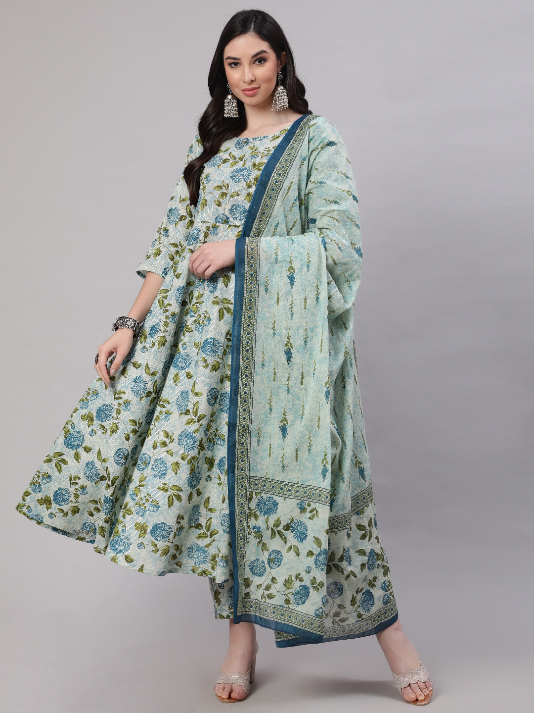 Women's Grey Floral Printed Flared Kurta With Trouser And Dupatta