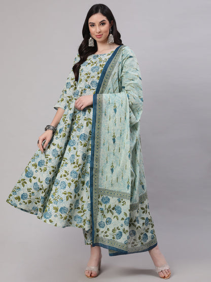 Women's Grey Floral Printed Flared Kurta With Trouser And Dupatta