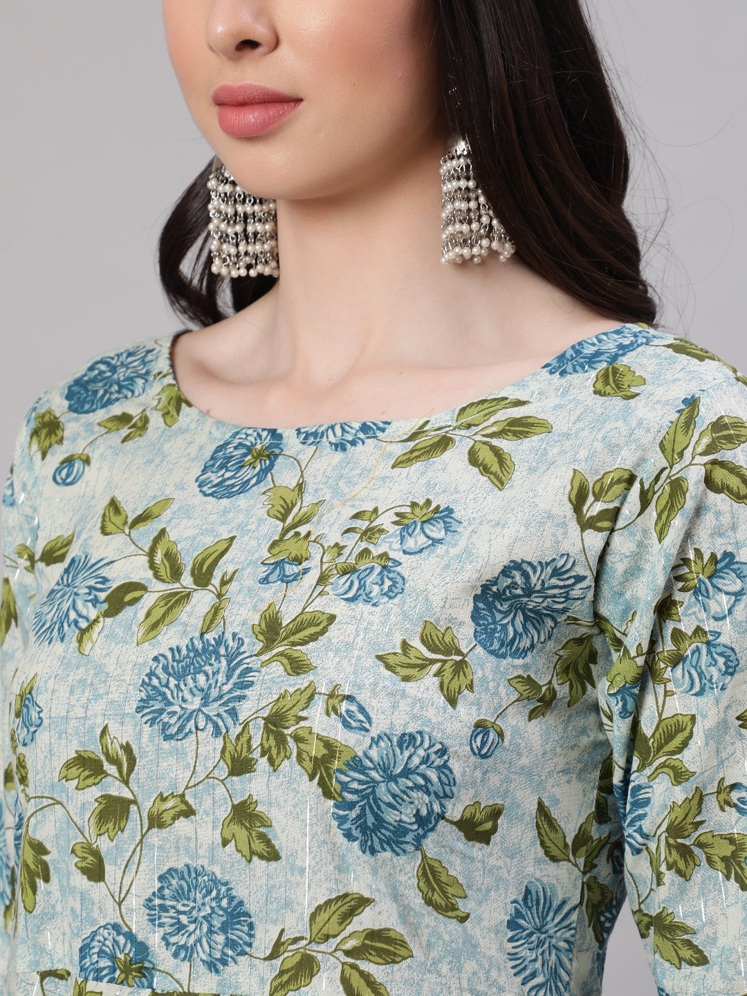 Women's Grey Floral Printed Flared Kurta With Trouser And Dupatta