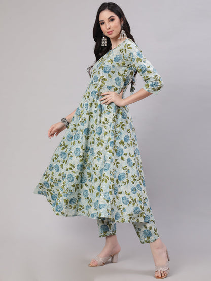 Women's Grey Floral Printed Flared Kurta With Trouser And Dupatta
