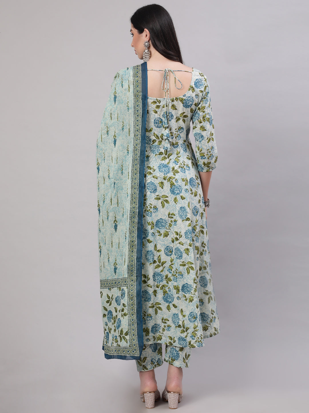 Women's Grey Floral Printed Flared Kurta With Trouser And Dupatta