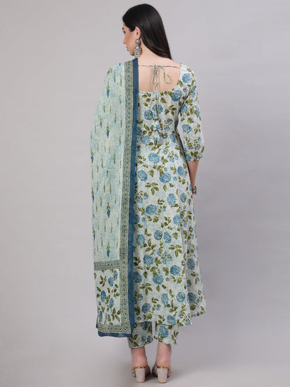 Women's Grey Floral Printed Flared Kurta With Trouser And Dupatta