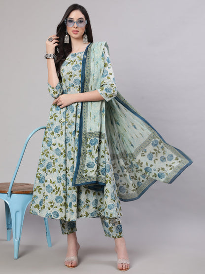Women's Grey Floral Printed Flared Kurta With Trouser And Dupatta