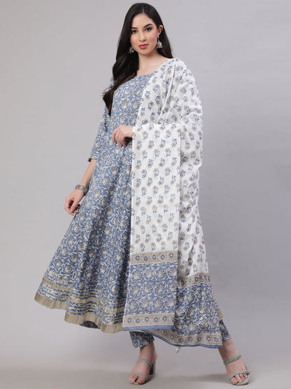 Women's Grey Floral Printed Flared Kurta With Trouser And Dupatta