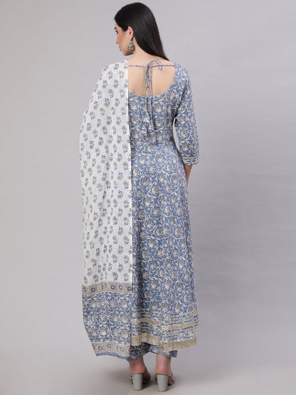 Women's Grey Floral Printed Flared Kurta With Trouser And Dupatta