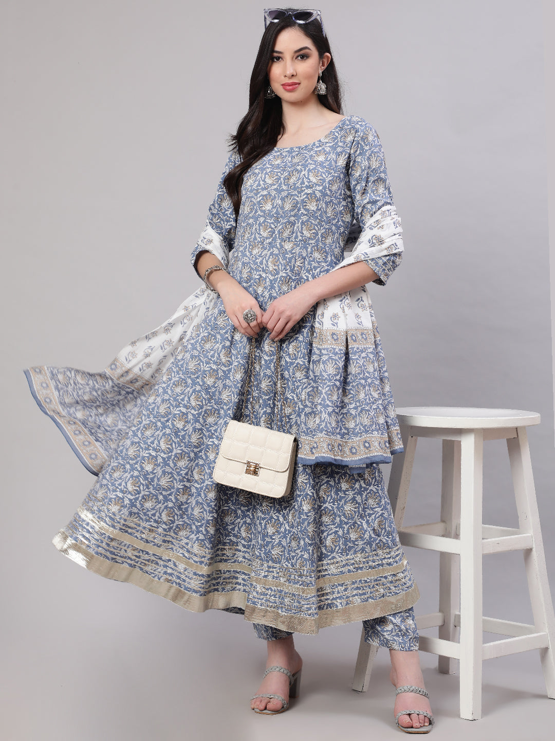 Women's Grey Floral Printed Flared Kurta With Trouser And Dupatta