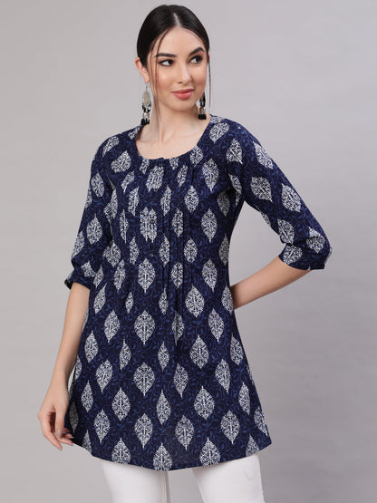 Women's Blue Straight Tunic With Three Quaretr Sleeves