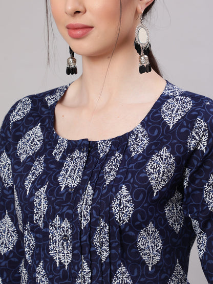 Women's Blue Straight Tunic With Three Quaretr Sleeves