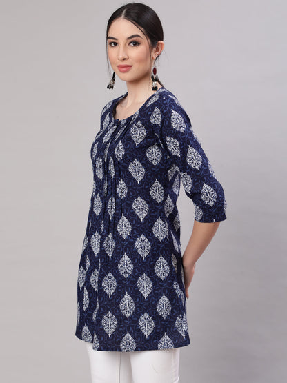 Women's Blue Straight Tunic With Three Quaretr Sleeves