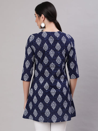 Women's Blue Straight Tunic With Three Quaretr Sleeves