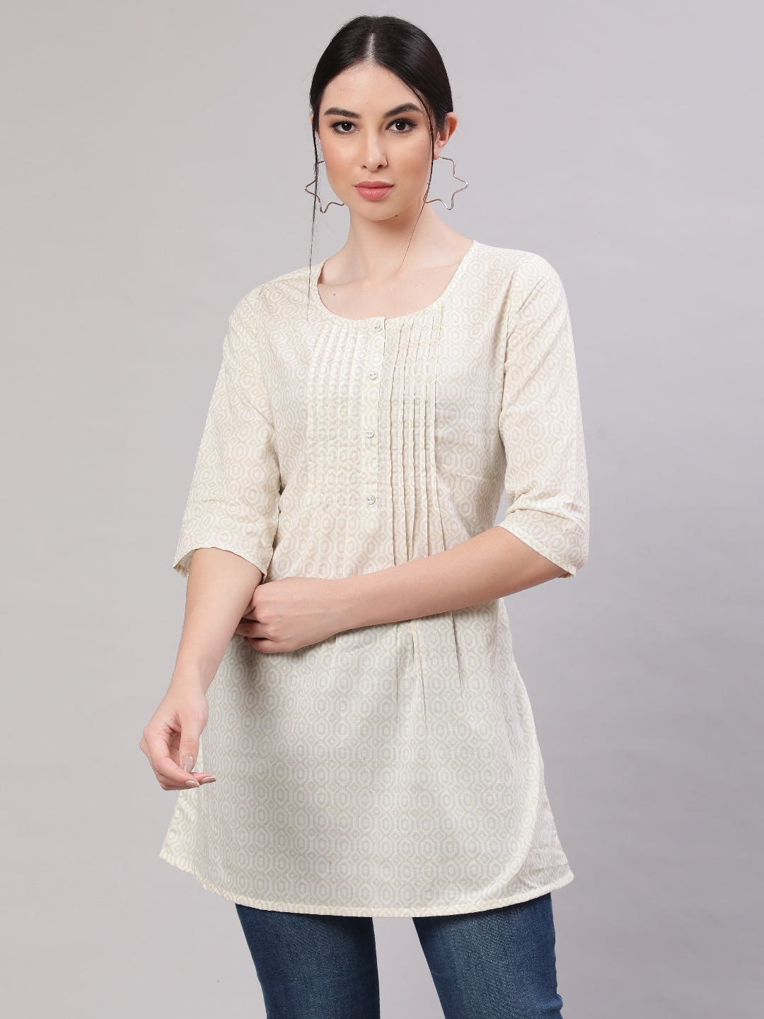 Women's Cream Printed Straight Tunic With Three Quaretr Sleeves