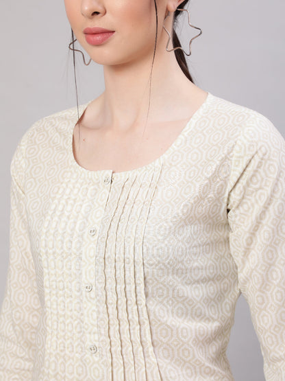 Women's Cream Printed Straight Tunic With Three Quaretr Sleeves