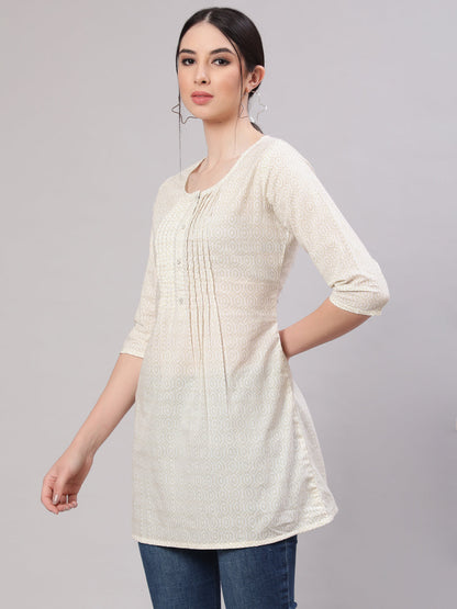 Women's Cream Printed Straight Tunic With Three Quaretr Sleeves
