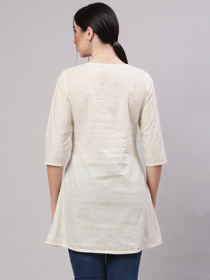 Women's Cream Printed Straight Tunic With Three Quaretr Sleeves