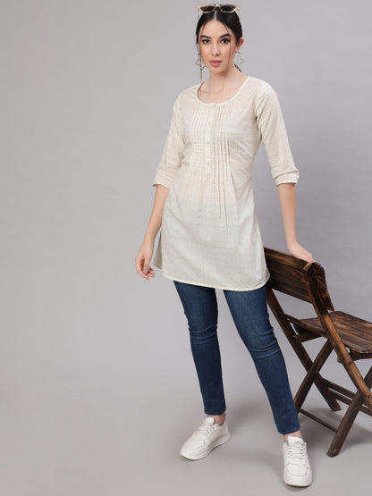Women's Cream Printed Straight Tunic With Three Quaretr Sleeves