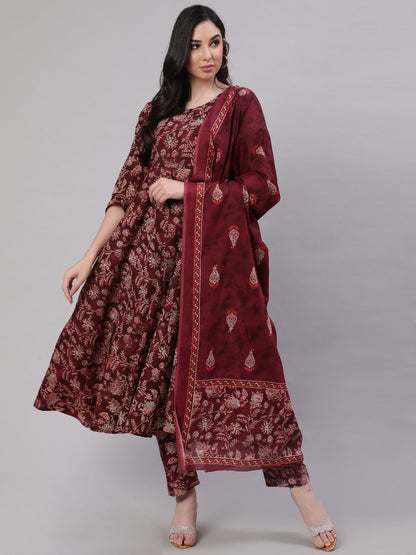 Women's Burgundy Floral Printed Flared Kurta With Trouser And Dupatta