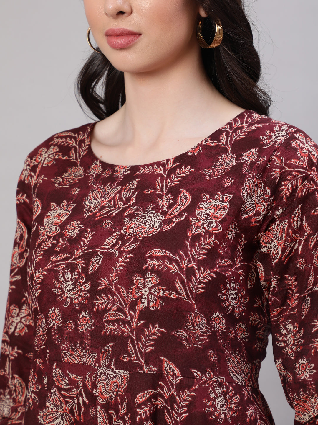 Women's Burgundy Floral Printed Flared Kurta With Trouser And Dupatta