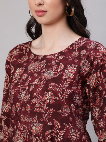 Women's Burgundy Floral Printed Flared Kurta With Trouser And Dupatta