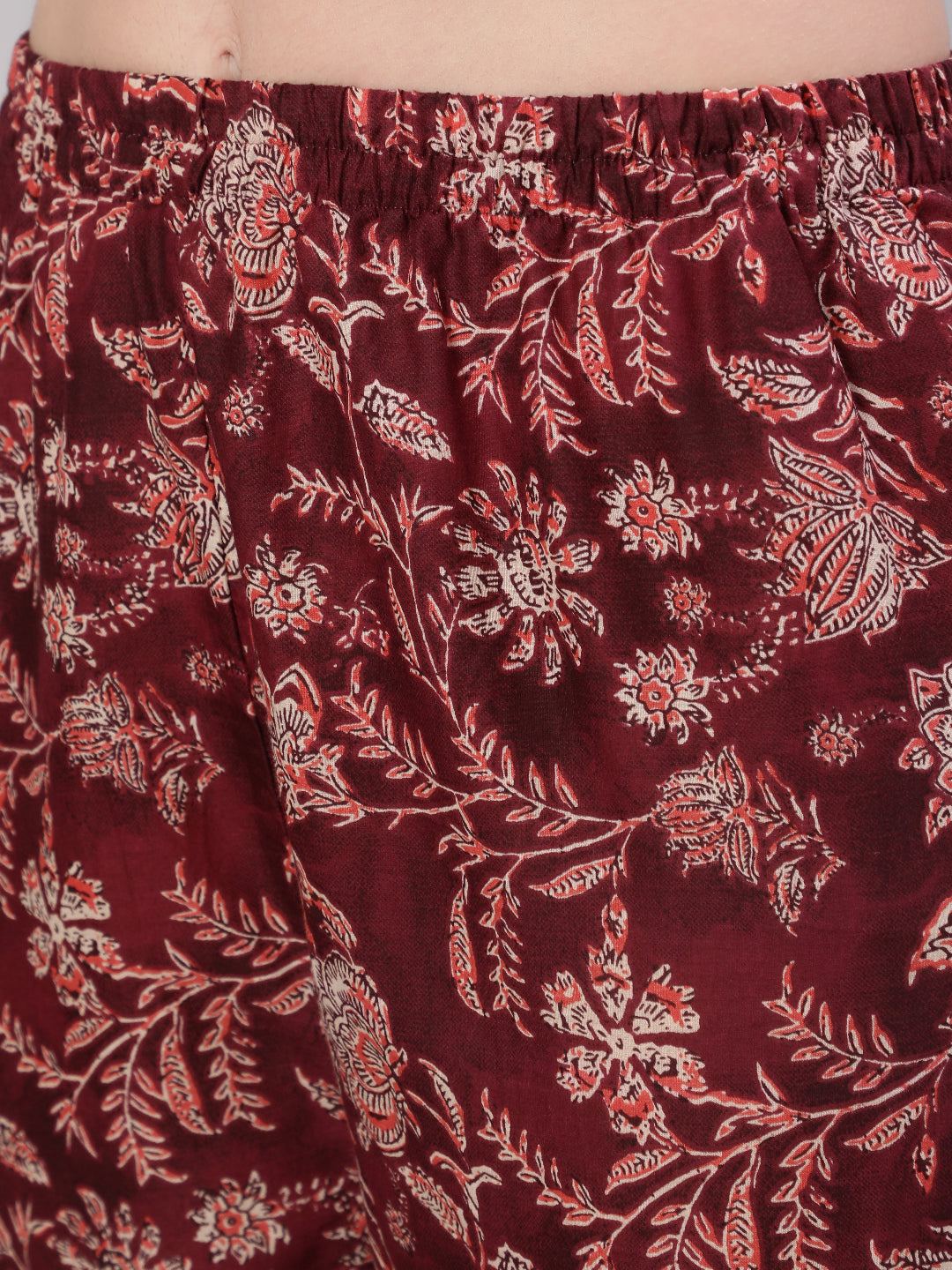 Women's Burgundy Floral Printed Flared Kurta With Trouser And Dupatta