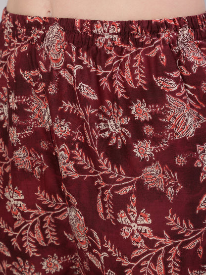 Women's Burgundy Floral Printed Flared Kurta With Trouser And Dupatta