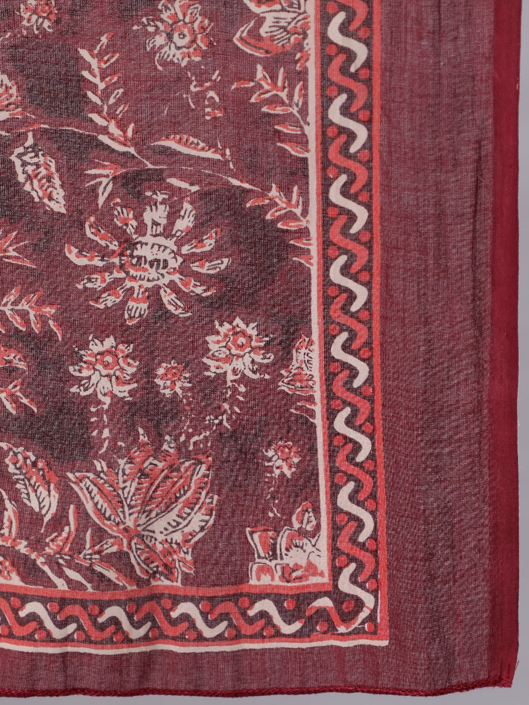 Women's Burgundy Floral Printed Flared Kurta With Trouser And Dupatta