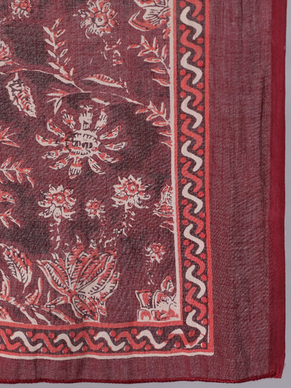 Women's Burgundy Floral Printed Flared Kurta With Trouser And Dupatta