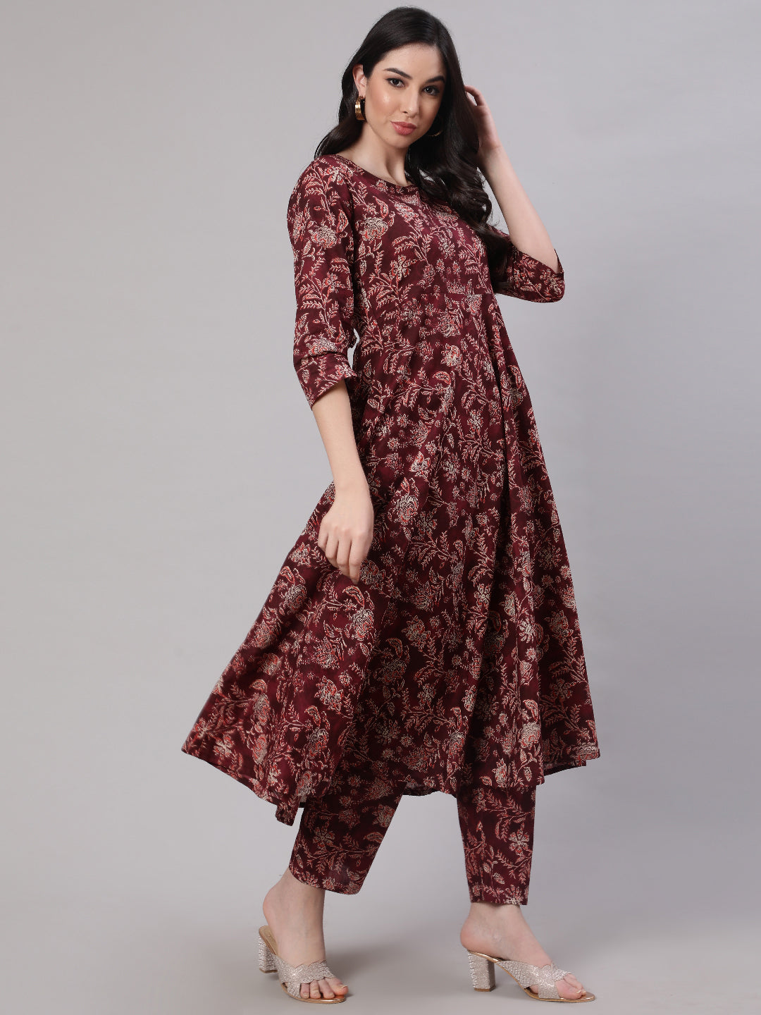 Women's Burgundy Floral Printed Flared Kurta With Trouser And Dupatta