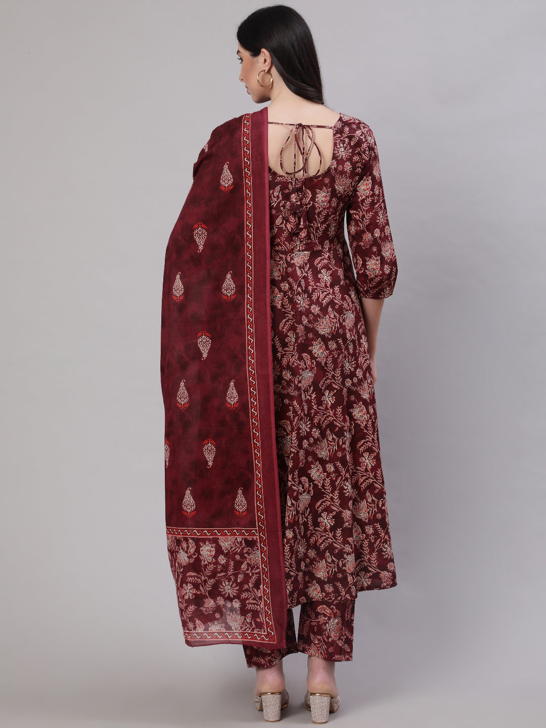 Women's Burgundy Floral Printed Flared Kurta With Trouser And Dupatta