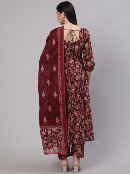Women's Burgundy Floral Printed Flared Kurta With Trouser And Dupatta