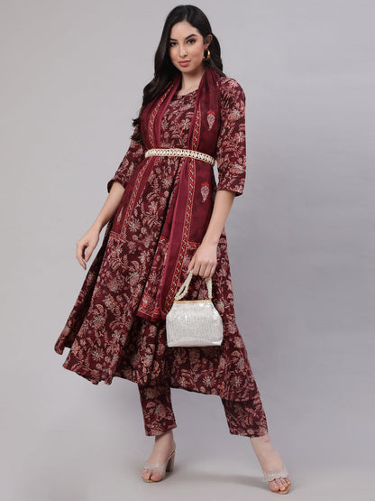 Women's Burgundy Floral Printed Flared Kurta With Trouser And Dupatta